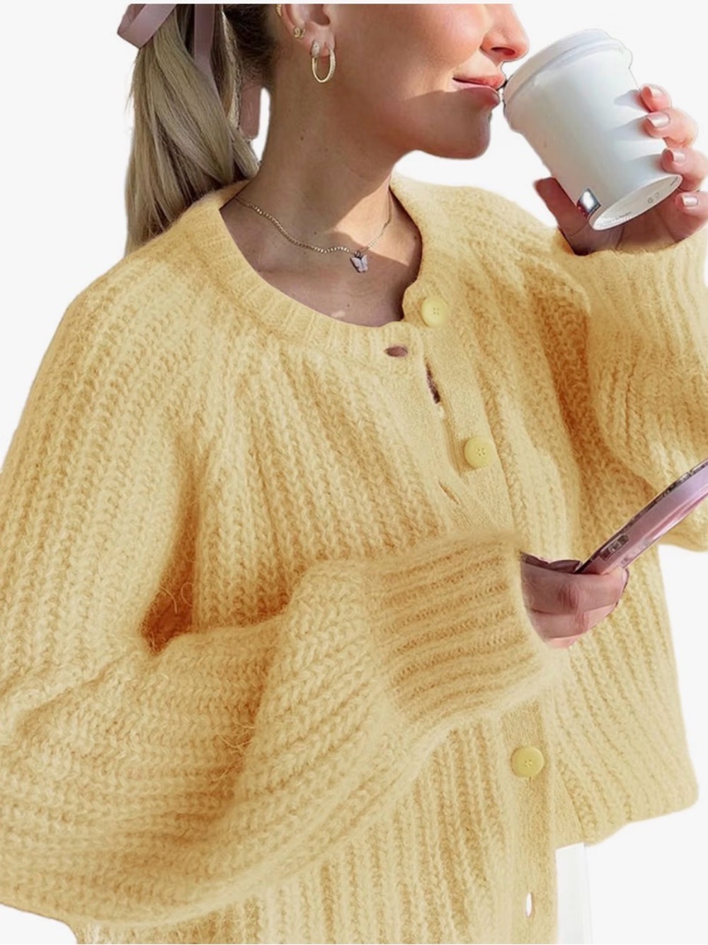 Amazon Women's Pale Yellow Textured Button-Up Cardigan